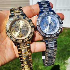 Iced Hip Hop Watch Luxury Rapper Simulated Diamond Metal Band Dress wristwatch